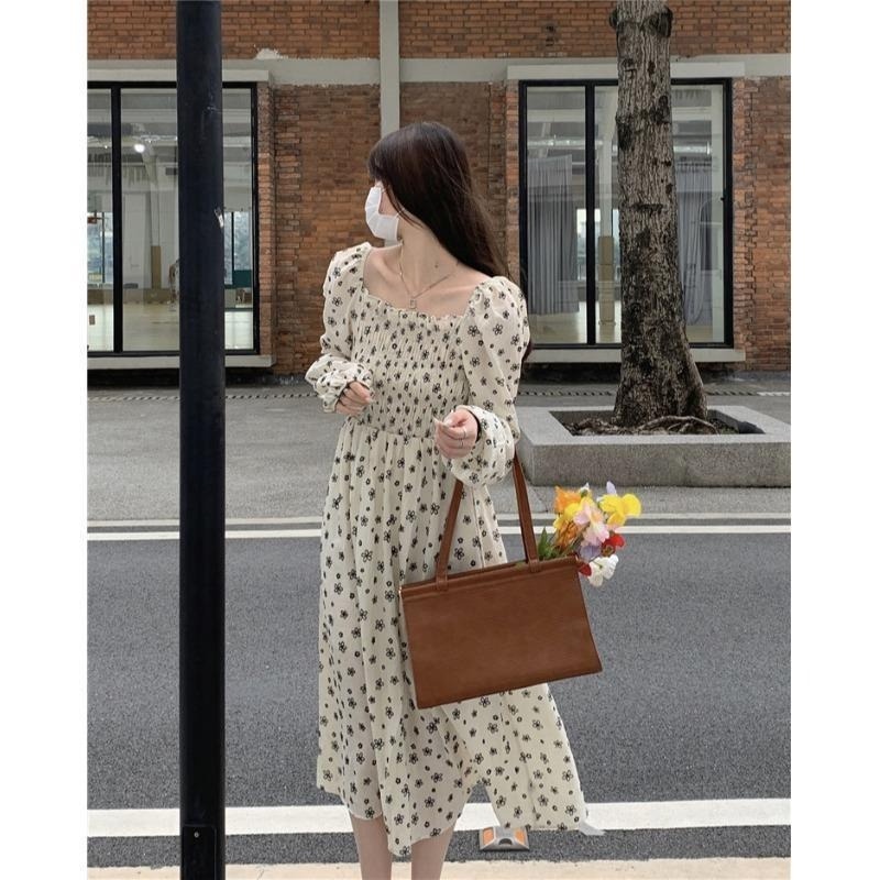 Đầm Tay Dài Cổ Vuông Nhấn Eo In Họa Tiết Hoa Nhí Xinh Xắn Kiểu Pháp Thời Trang Mùa Thu