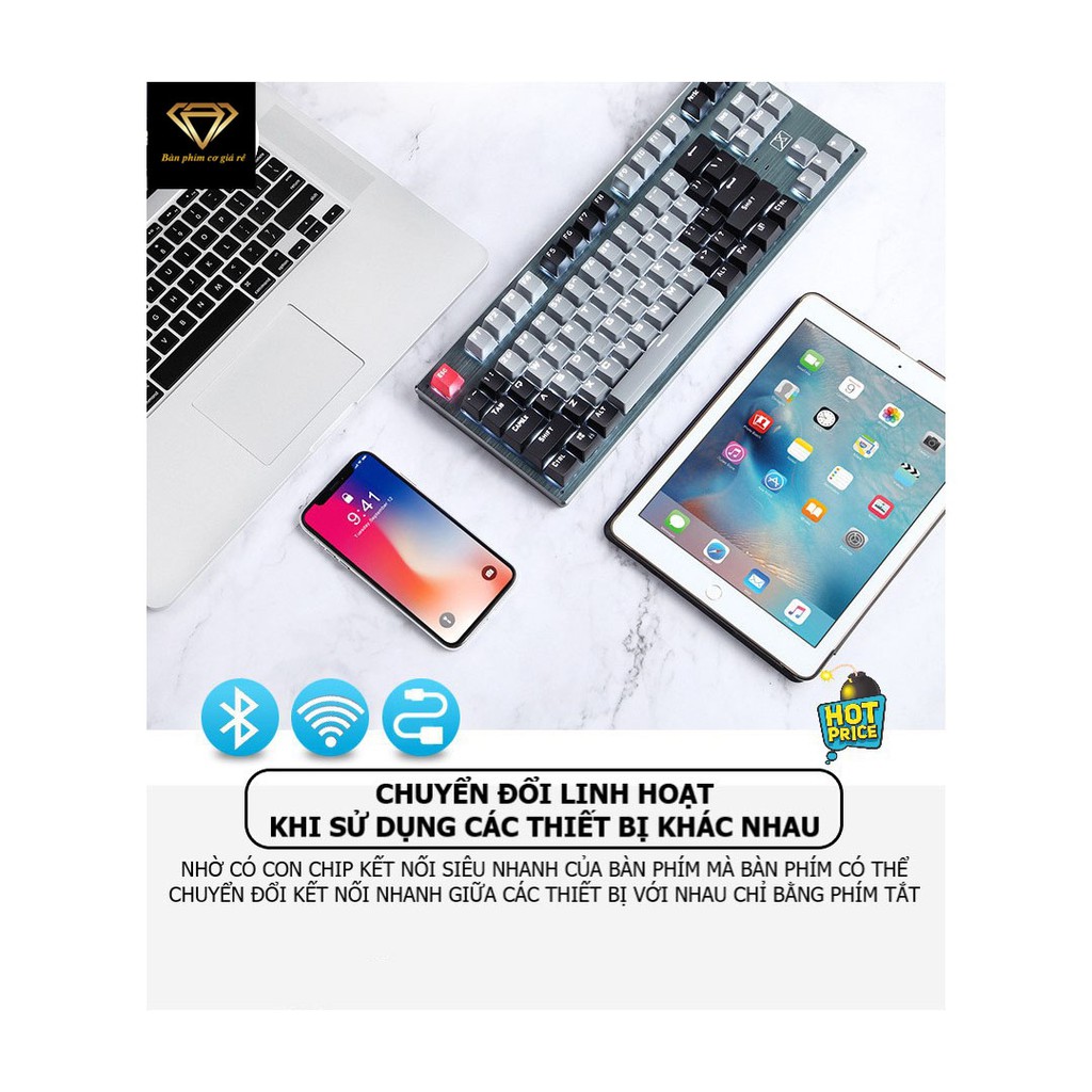 Bàn phím CƠ Bluetooth Không Dây Pin Sạc K950 LED đẹp, phím blue switch cho máy tính pc laptop, điện thoại, máy tính bảng | BigBuy360 - bigbuy360.vn