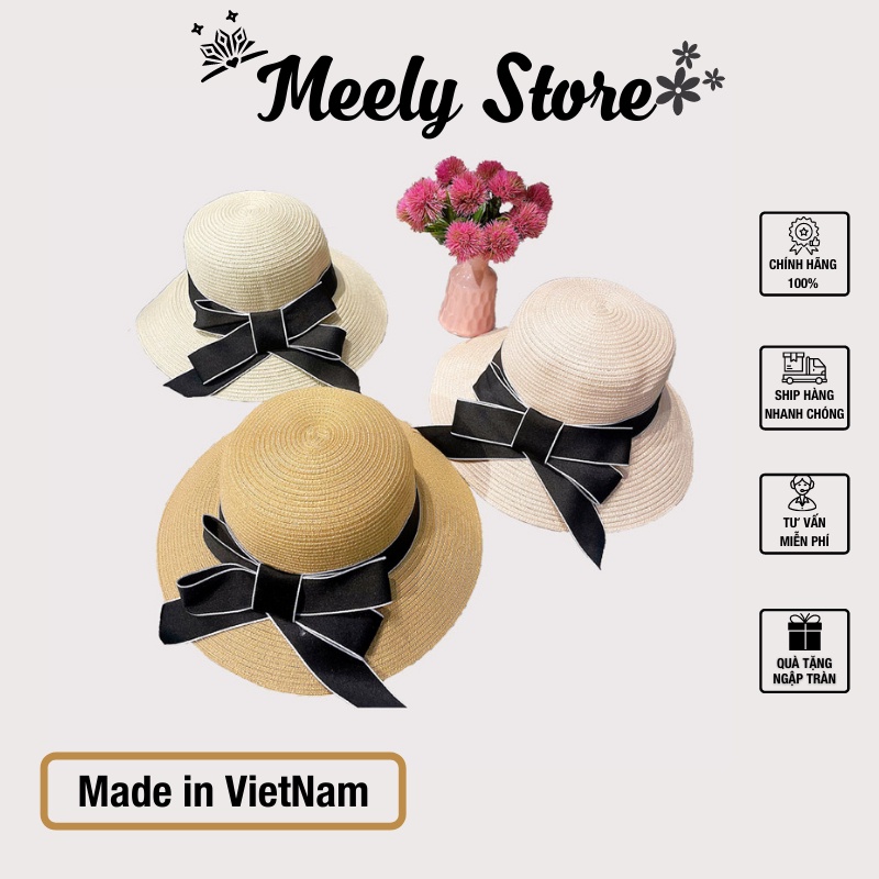 Mũ Cói Mềm Vành Nhỏ Gắn Nơ Đen Thời Trang Meely11