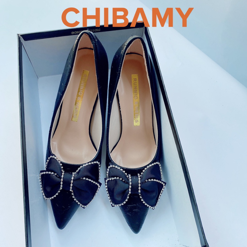 Giày cao gót mũi nhọn nữ đính nơ da nhăn CHIBAMY mã CG04, Giày gót nhọn 8cm đi tiệc, giày cưới cô dâu