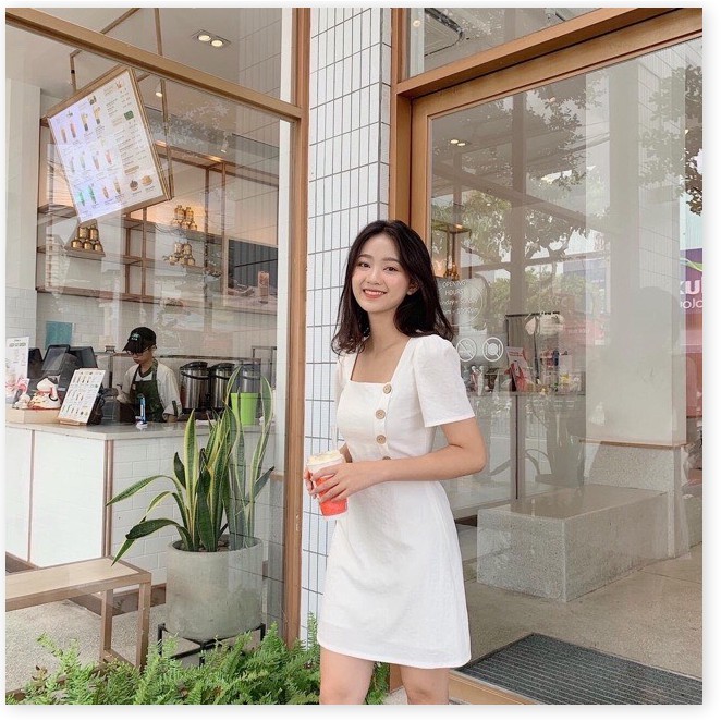 ĐẦM SUÔNG NỮ CỔ VUÔNG PHỐI NÚT TAY LỠ TÔN DÁNG CỰC HOT