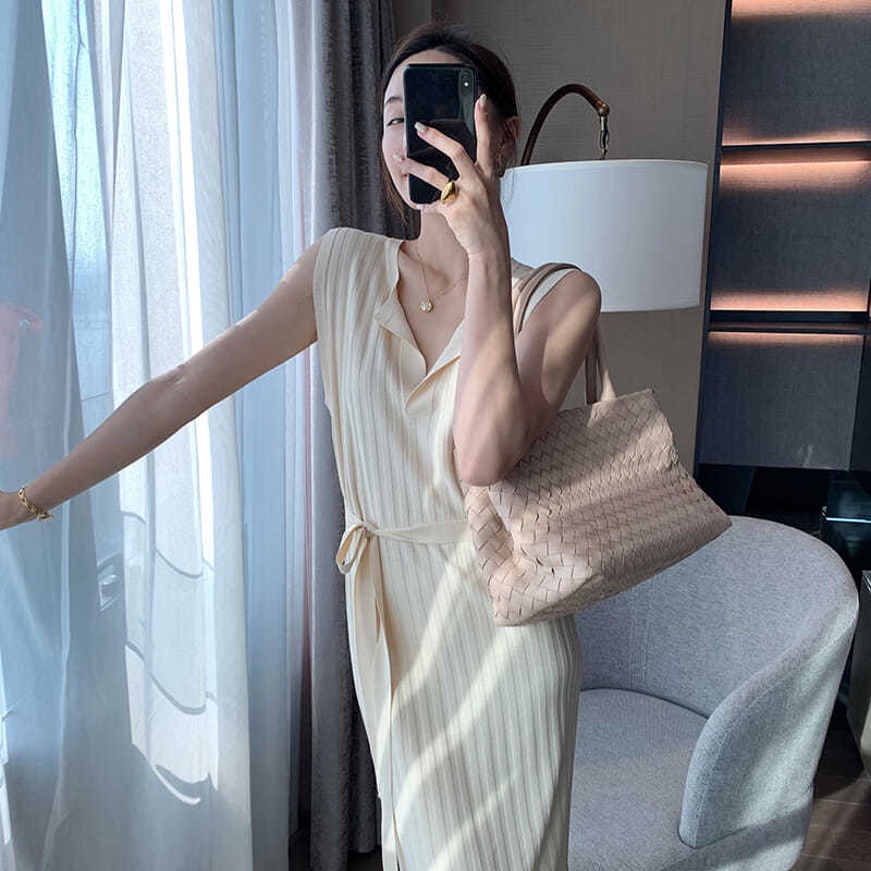 Đầm Dệt Kim Sát Nách Cổ Chữ V Dáng Ôm Cột Dây Thời Trang Hàn Quốc Xinh Xắn Cho Nữ đầm bầu váy nữ váy bé gái váy dài chân váy dài váy nữ chân váy dài