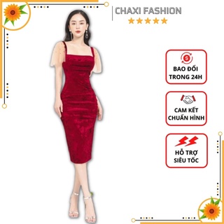 ĐẦM THIẾT KẾ BODY NHUNG ĐỎ CỔ VUÔNG TAY LƯỚI BÈO - MH127345