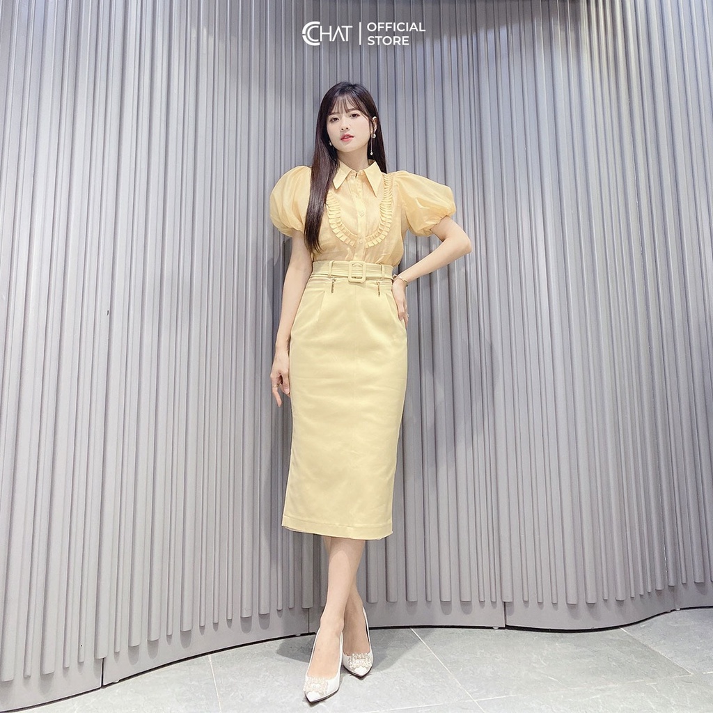 Áo Sơ Mi Nữ 𝐂𝐂𝐇𝐀𝐓 Bèo Xếp Ly Kê Thân Trước Chất Voan Mềm Mại Phong Cách Trẻ Trung 12FNV2004ST