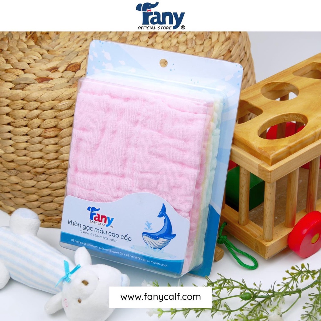 Hộp 3 Khăn Sữa Gạc Màu Fany Dòng Cao Cấp 5 Lớp Siêu Thấm Nước, Mềm Mại, Khăn Xô Cho Bé
