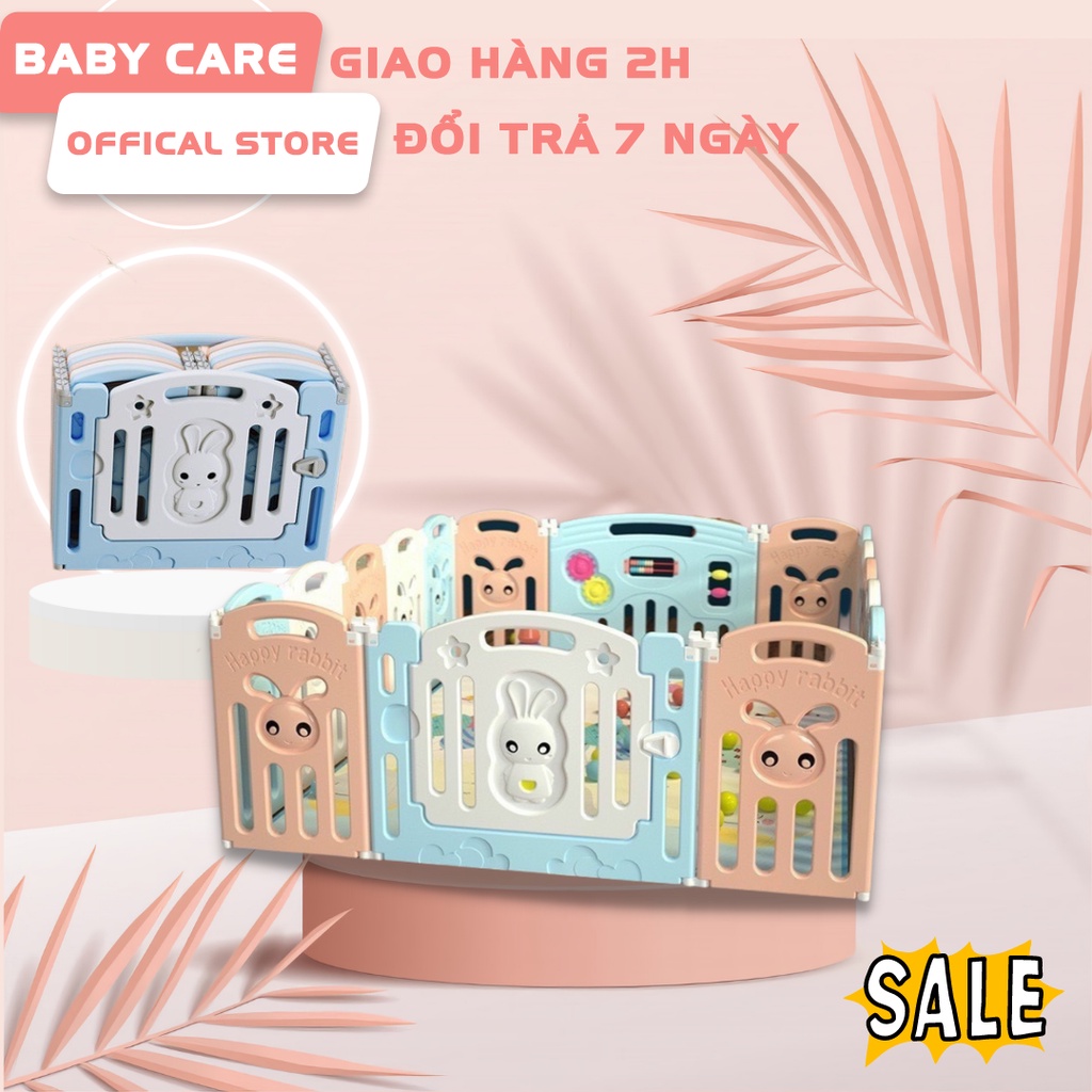 Quây Cũi Nhựa Gấp Gọn Hoạ Tiết Chú Thỏ, Nhựa Nguyên Sinh An Toàn, Màu Cam Trắng