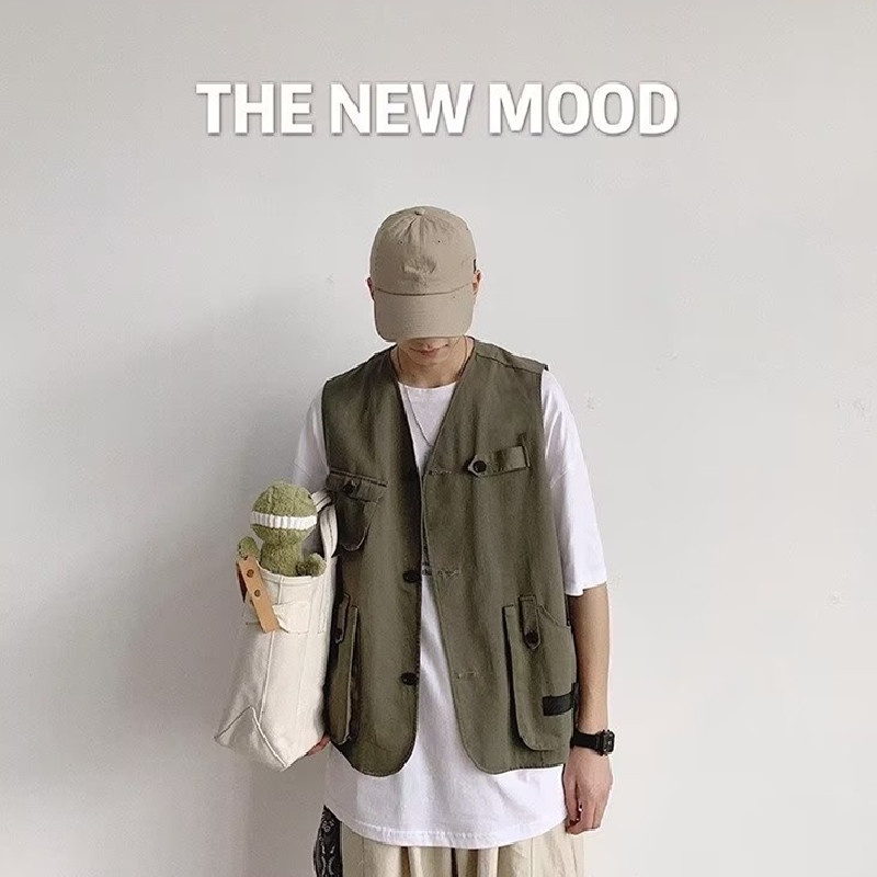 Áo Ba Lỗ Dáng Rộng Thoải Mái Nhiều Túi Phong Cách Hip Hop Đường Phố Hàn Quốc Cho Nam Cỡ M-2XL