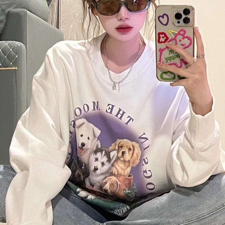 ZHELIHANGFEI Áo Nỉ Dáng Rộng In Hình Chú Chó Dễ Thương Dễ Phối Đồ