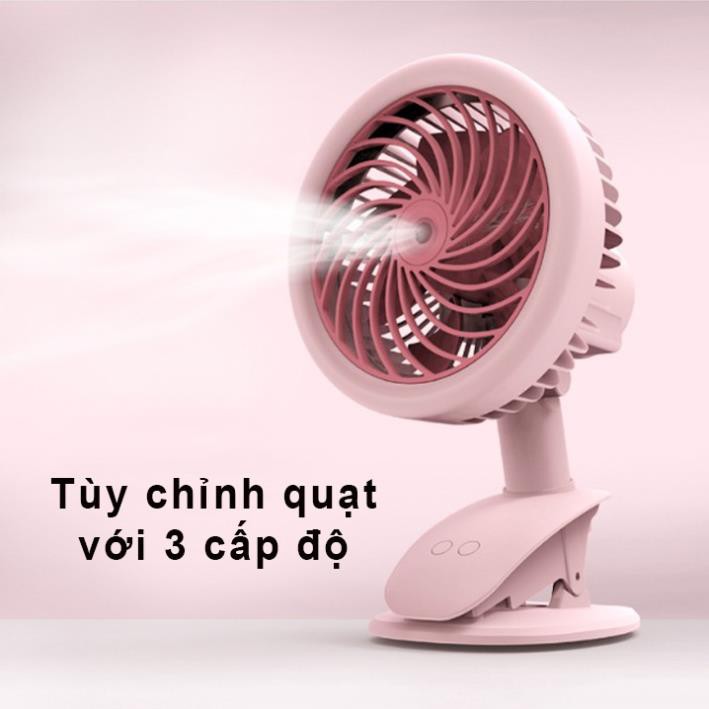 Quạt mini tích điện phun sương kẹp bàn 3 tốc độ Clip Fan cổng sạc USB, xoay 360 độ tiện lợi