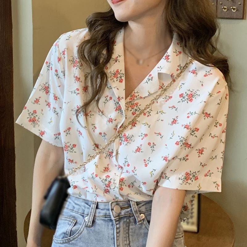 Áo Sơ Mi Nữ Tay Ngắn Họa Tiết Hoa Phong Cách Retro Hàn Quốc