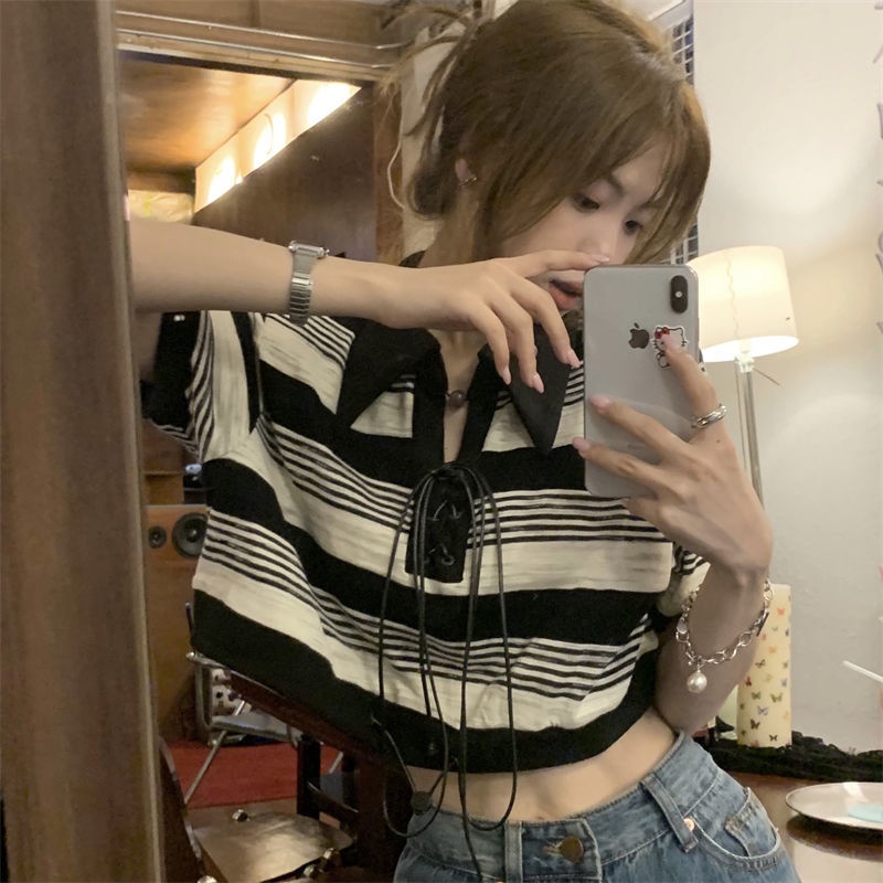 COZOKC Áo thun polo COZOKC dáng ngắn tay ngắn họa tiết kẻ sọc ngang thời trang trẻ trung dành cho nữ