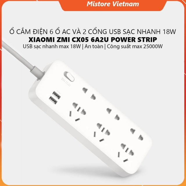 Ổ cắm Xiaomi ZMI Power Strip 6 cổng 2 USB CX05 sạc nhanh 18w