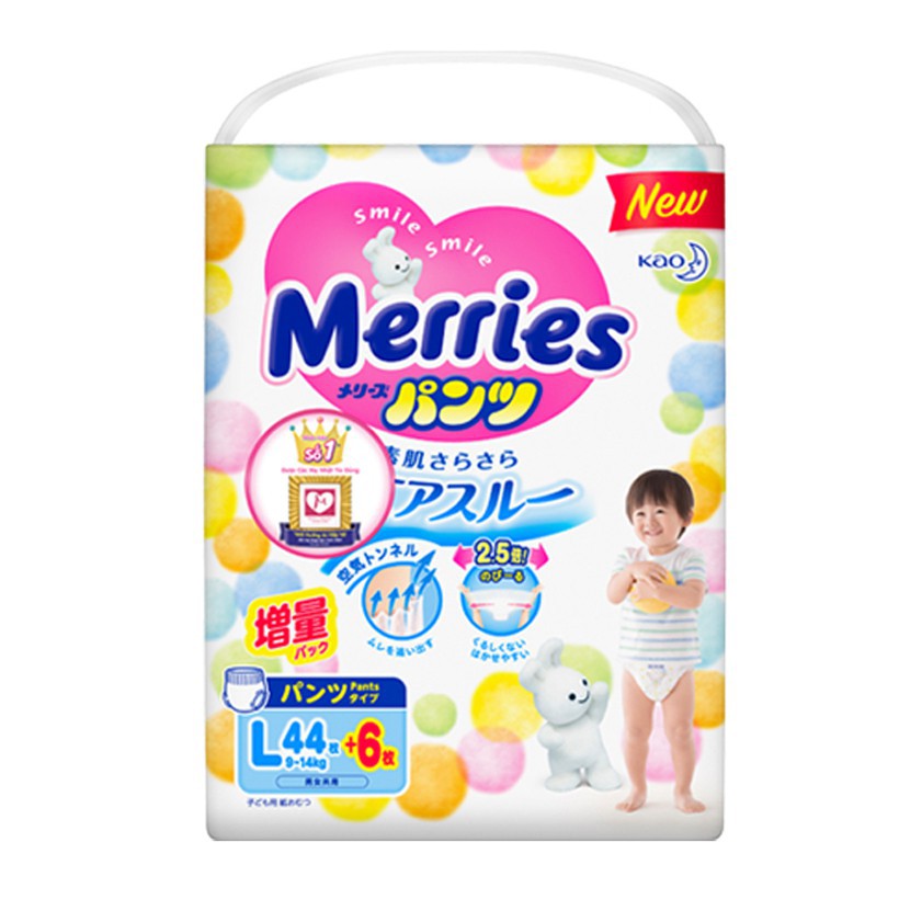 Tã/bỉm quần Merries size L - 44 + 6 miếng (Cho bé 9 - 14kg) Bỉm XuKa