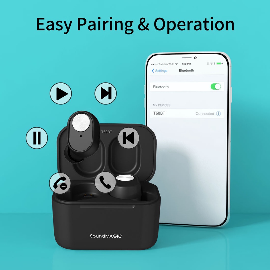 Tai Nghe Nhét Tai Bluetooth Không Dây SoundMAGIC T60BT Có Micro Chống Thấm Nước Màu Trắng Đen