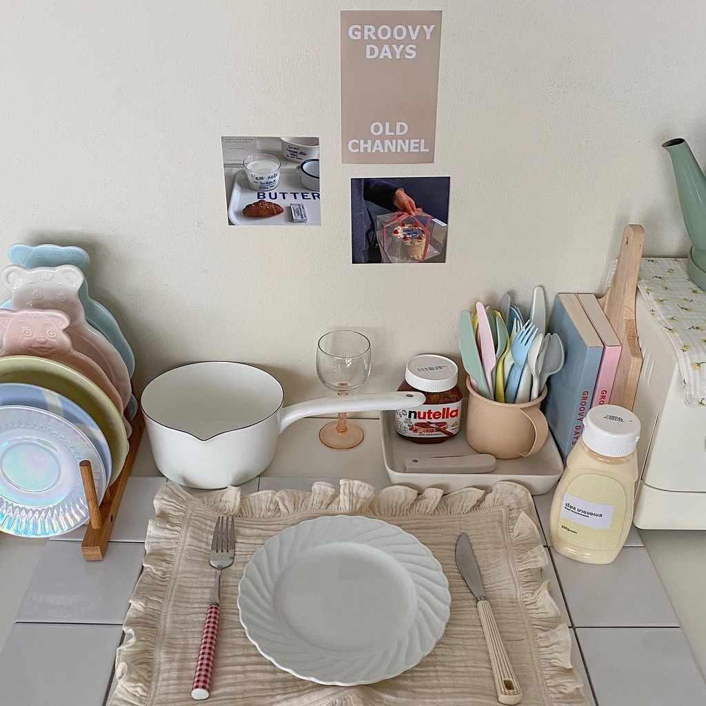 Khăn trải bàn ăn cotton muslin decor phòng bếp màu be pastel vintage tối giản - Creamy Love