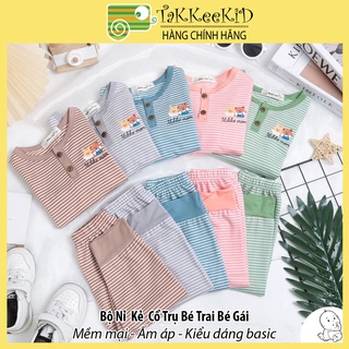 Bộ thu đông cho bé, bộ cotton dài tay cho bé họa tiết kẻ đáng yêu