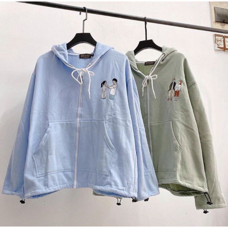 Áo Hoddie Nỉ Ngoại Thêu Hình Couple Màu Blue Phông Nam Nữ Unisex