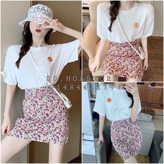 (SET QC) SET ÁO THUN DAISY TRẮNG MIX CHÂN VÁY HOA NHÍ KHÓA KÉO VINTAGE ULZZANG