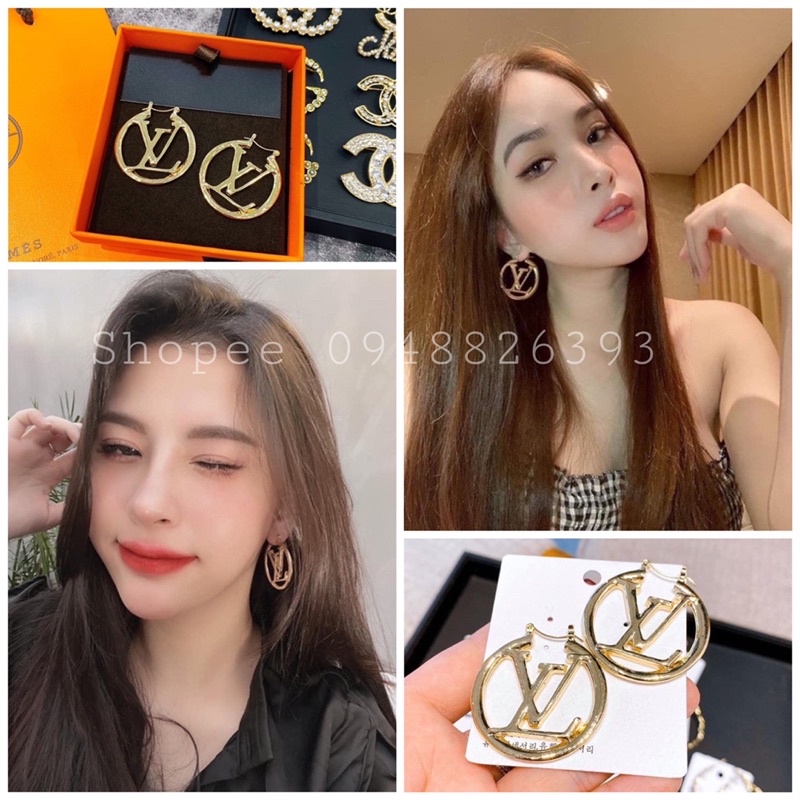 xả hàng mùa dịch khuyên tai LV vàng đính đá tròn size 2,2cm và 4cm