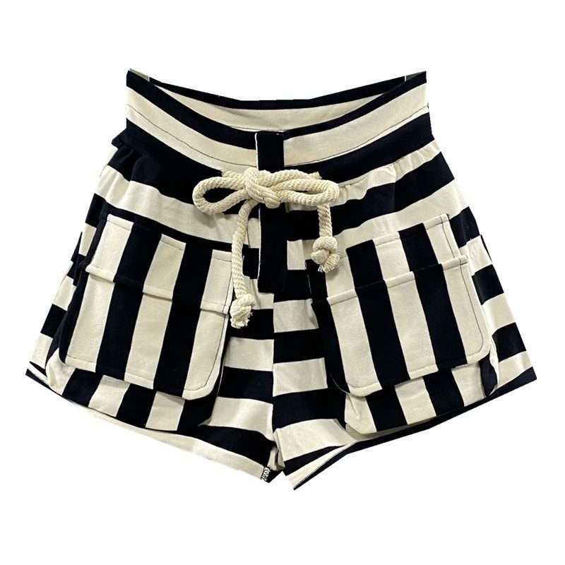 Striped casual shorts, women's hot pants, 2021 new summer clothes, loose waist, wide legs, A-shaped sports pants.