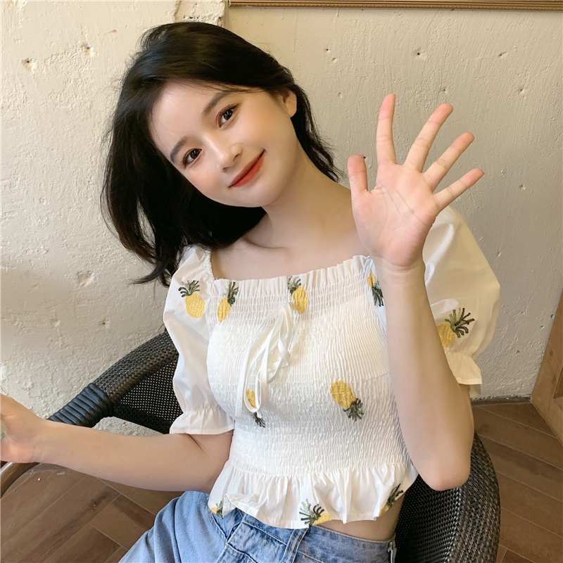 IELGY Áo Kiểu Tay Phồng Thêu Họa Tiết Trái Cây Thời Trang Dành Cho Nữ