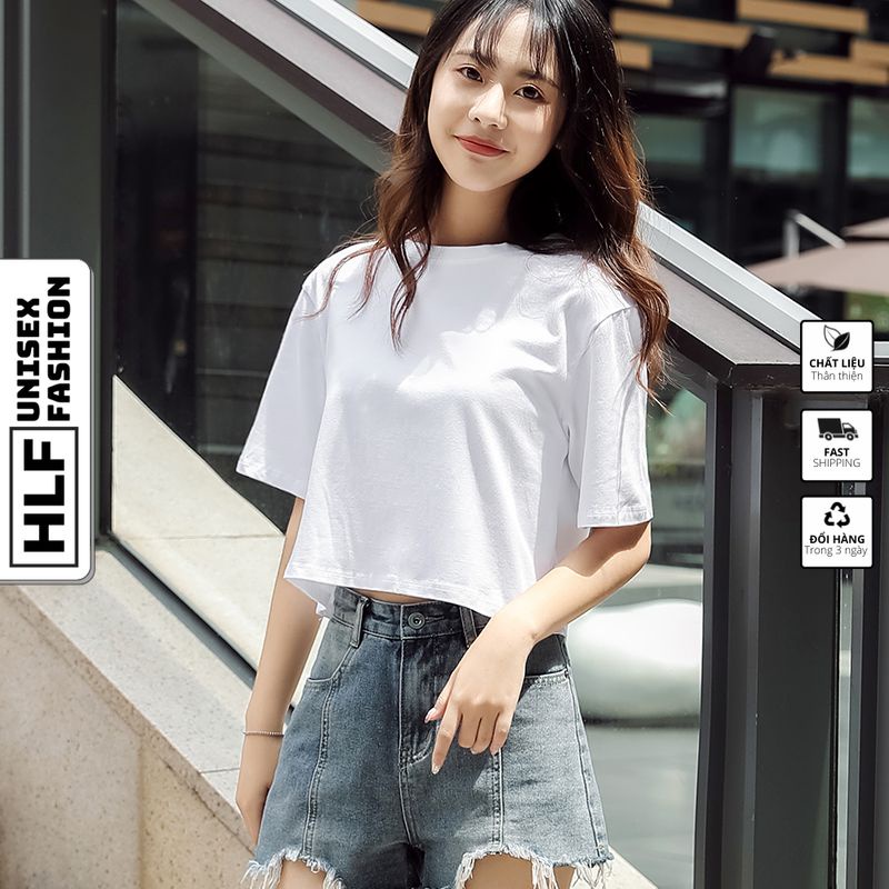 Áo croptop tay lỡ nữ cổ tròn màu trơn, áo thun nữ HLFashion