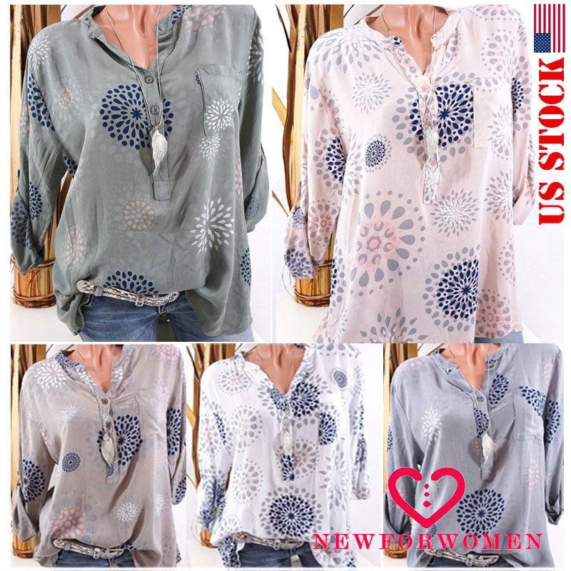 NFW♥Women Summer Long Sleeve T-shirt V Neck Casual Loose Floral Boho Tops Blouse Shirt