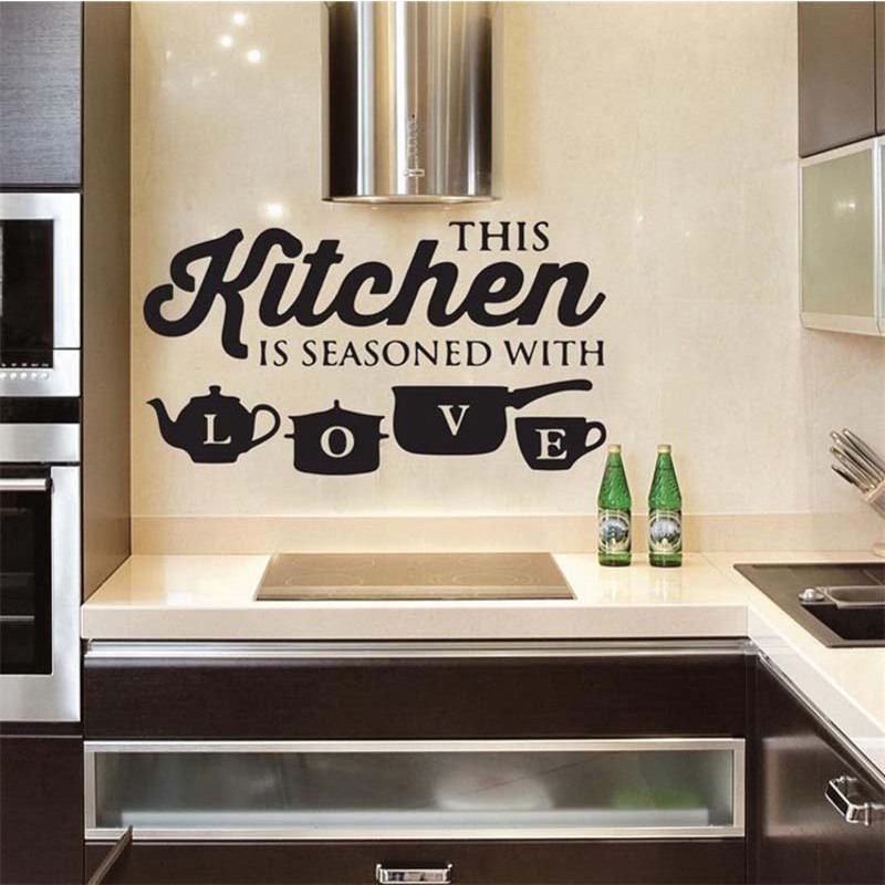 Miếng dán tường trang trí in chữ &quot;Seasoned with Love&quot; chống thấm nước có thể tháo gỡ cho nhà bếp