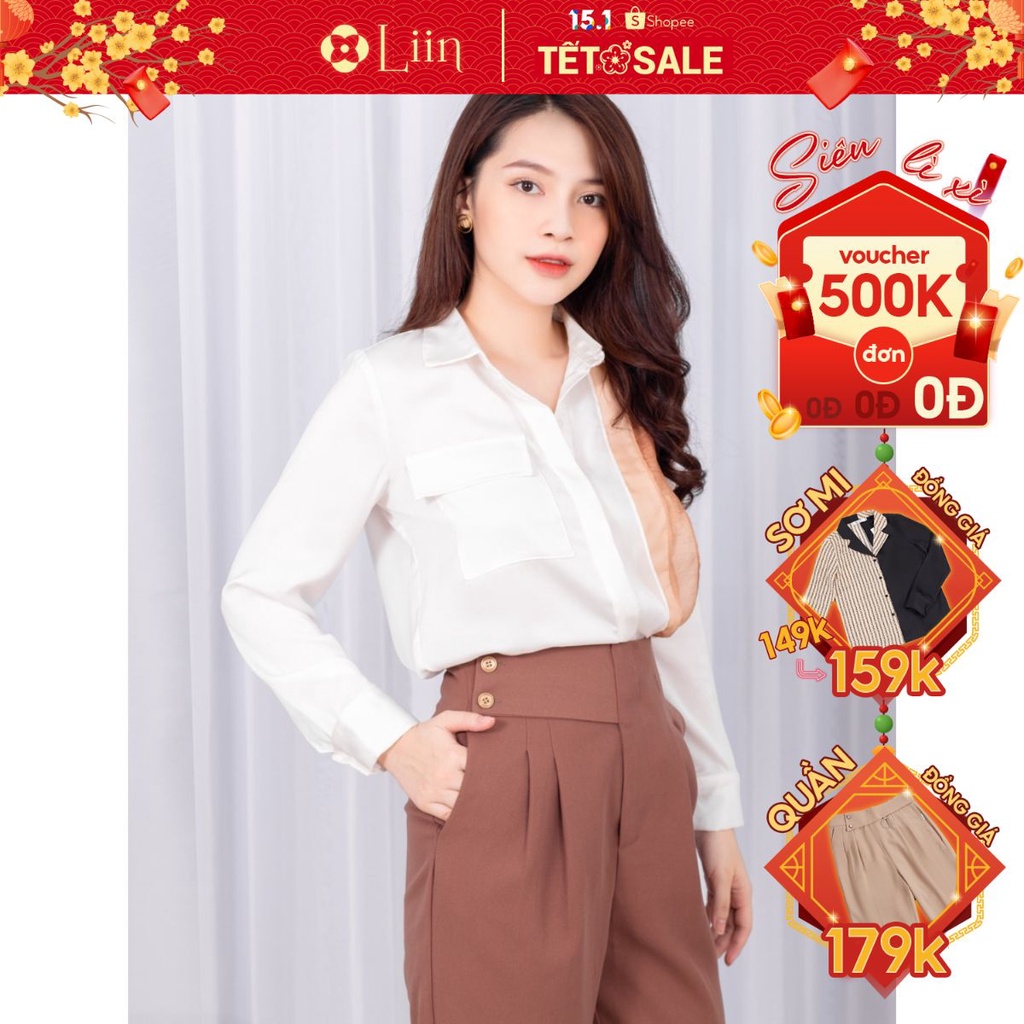 Áo sơ mi nữ Linbi màu Trắng chất Lụa đẹp, thiết kế 1 Túi kèm viền sang trọng Liin Clothing SM3600
