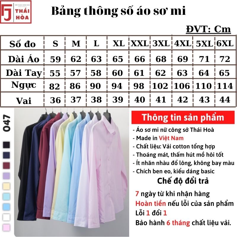 Áo sơ mi nữ trắng Thái Hoà công sở dài tay đi học kiểu bigsize cotton 047-01-01