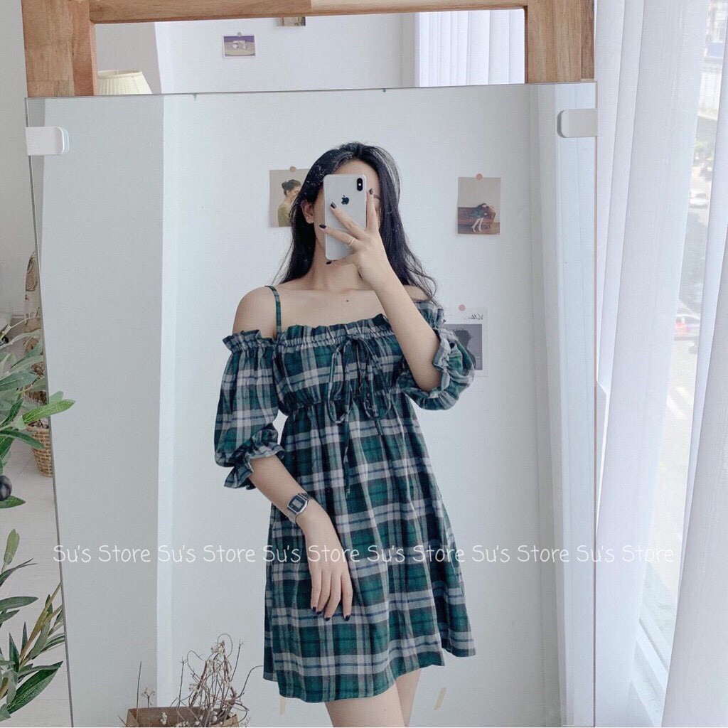 Váy babydoll 2 dây kẻ caro tay bồng cho bạn nữ