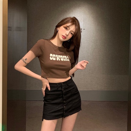 Áo Thun Croptop Tay Ngắn Cổ Tròn In Họa Tiết Phong Cách Retro