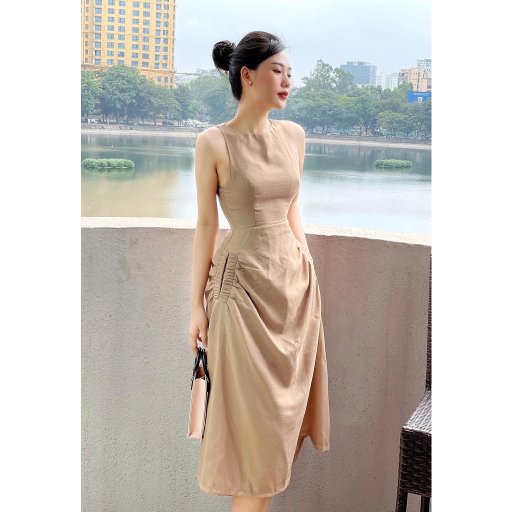 Váy nhún bụng sát nách dáng dài, chất liệu đũi nhăn túi sườn hai bên. Đầm ôm eo tôn dáng Size từ 40 - 54kg kèm ảnh thật