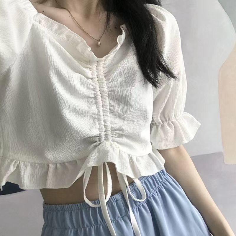Áo thun ngắn tay voan cổ điển cắt cạnh nữ quyến rũ JH-TX-38