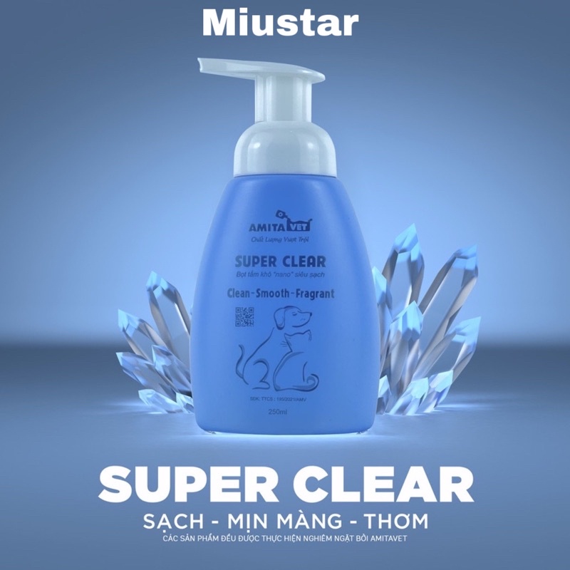 Bọt tắm khô cho chó mèo Super Clear Amitavet giúp dưỡng lông khử mùi làm sạch cơ thể thú cưng chai 250ml