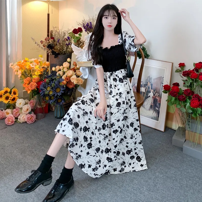Đầm Cổ Vuông Dáng Rộng In Họa Tiết Hoa Hồng Phong Cách Pháp Thời Trang Mùa Hè Xinh Xắn Cho Nữ Plus Size