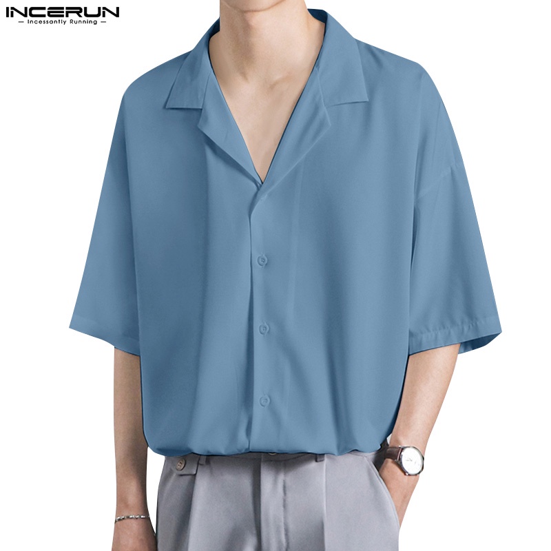 INCERUN Áo Sơ Mi Ngắn Tay Màu Sắc Đơn Giản Thời Trang Mùa Hè Cho Nam