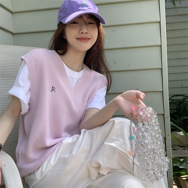 Áo Dệt Kim Sát Nách Dáng Rộng Cổ Chữ V Màu Trơn Đơn Giản Thời Trang Cho Nữ