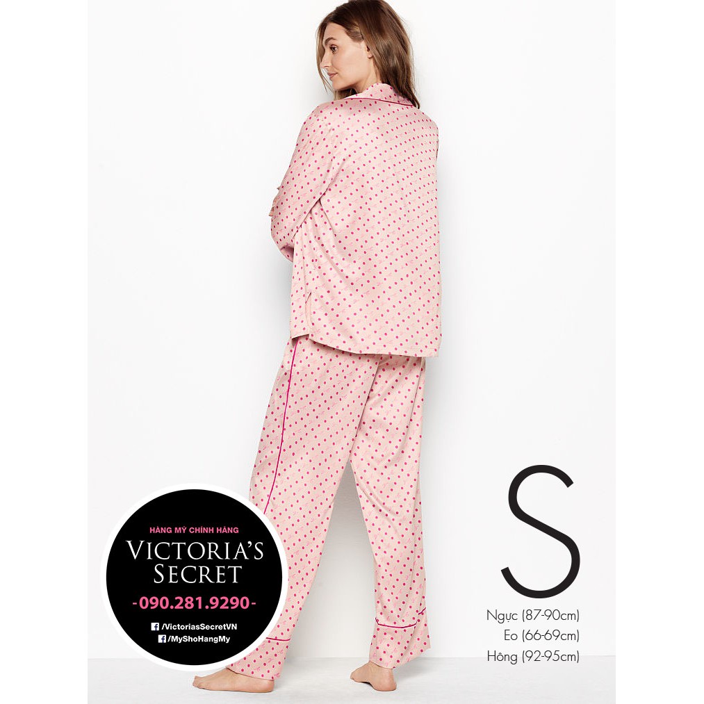 (Size S - Bill Mỹ) - Bộ đồ ngủ dài (54) chấm bi hồng siêu xinh, vải Satin mền mịn, Pink Dot -  Mỹ