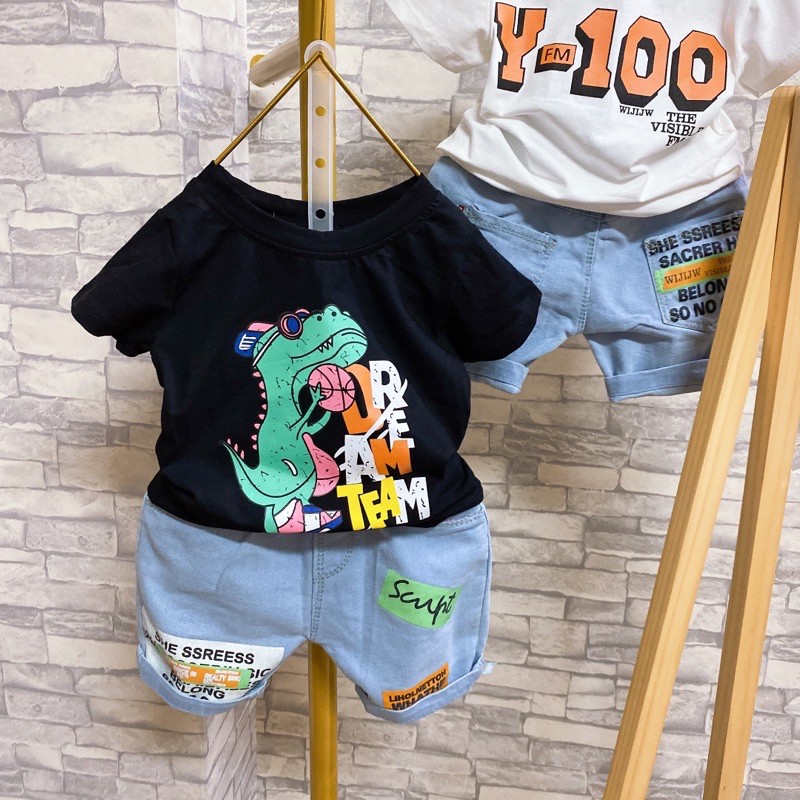 Bộ bé trai quần Jean và áo cotton hình khủng Long