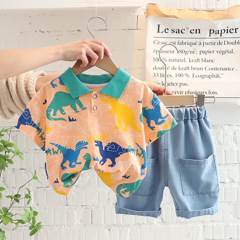 Set Đồ 2 Món Gồm Áo polo Và Quần Short denim In Hình Khủng Long Hoạt Hình Dành Cho Bé Trai 0-5 Tuổi