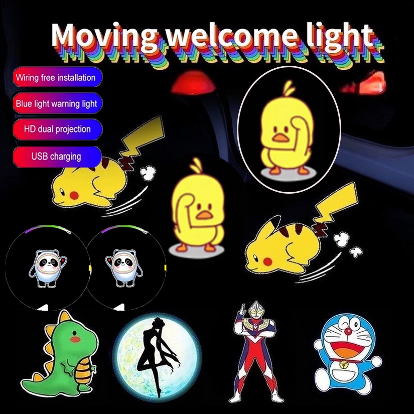 🎀Charge via USB🎀 Pikachu Đèn Led chiếu cửa họa cho xe hơi Đèn chiếu laser Đèn cửa an toàn không dây gắn cửa xe hơi hình phim hoạt hình bingdundun