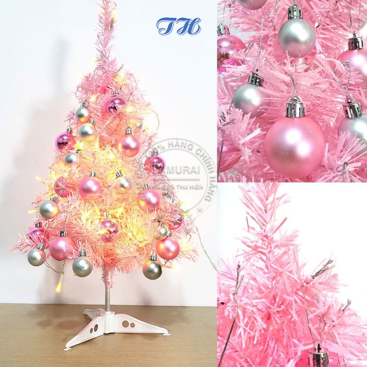 Cây thông noel để bàn mini 60cm màu hồng kèm quả châu, dây đèn led trang trí phòng ngủ phòng khách siêu xinh