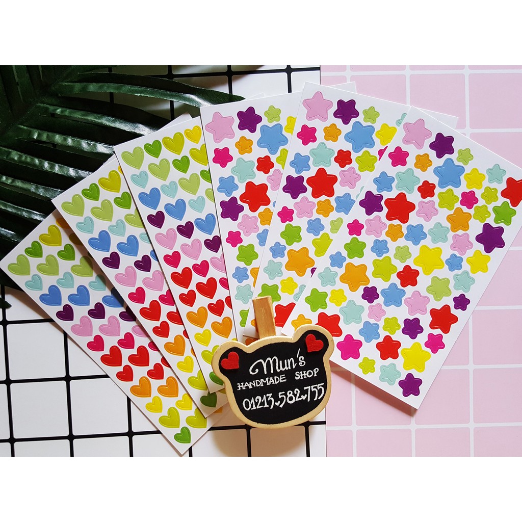 Set 6 tấm sticker Trái tim / Ngôi sao ❤🌟⭕ nhiều sắc màu - Trang trí handmade, sổ planner, scrapbook
