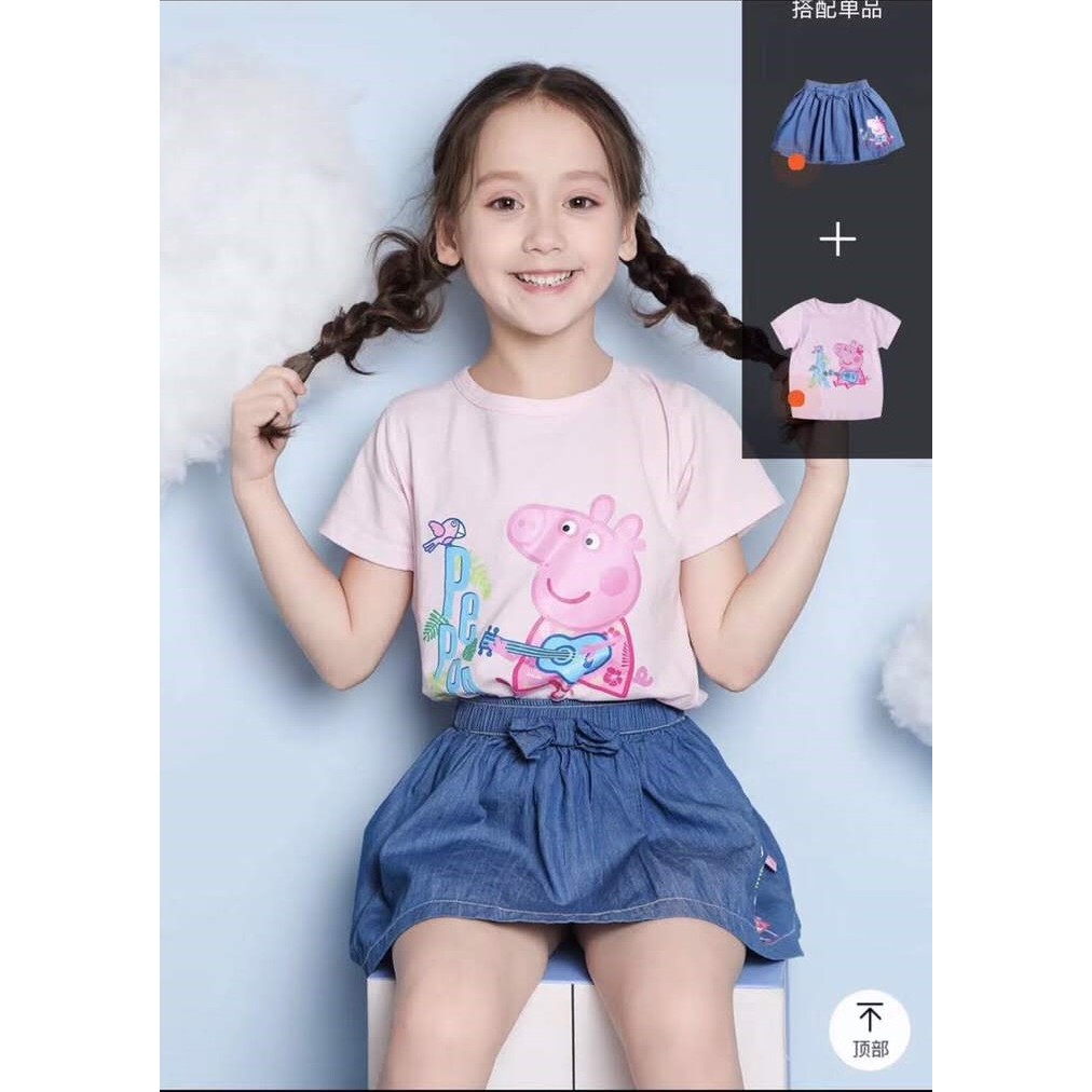 SET áo thun kèm chân váy jeans bé gái hình heo PEPPA
