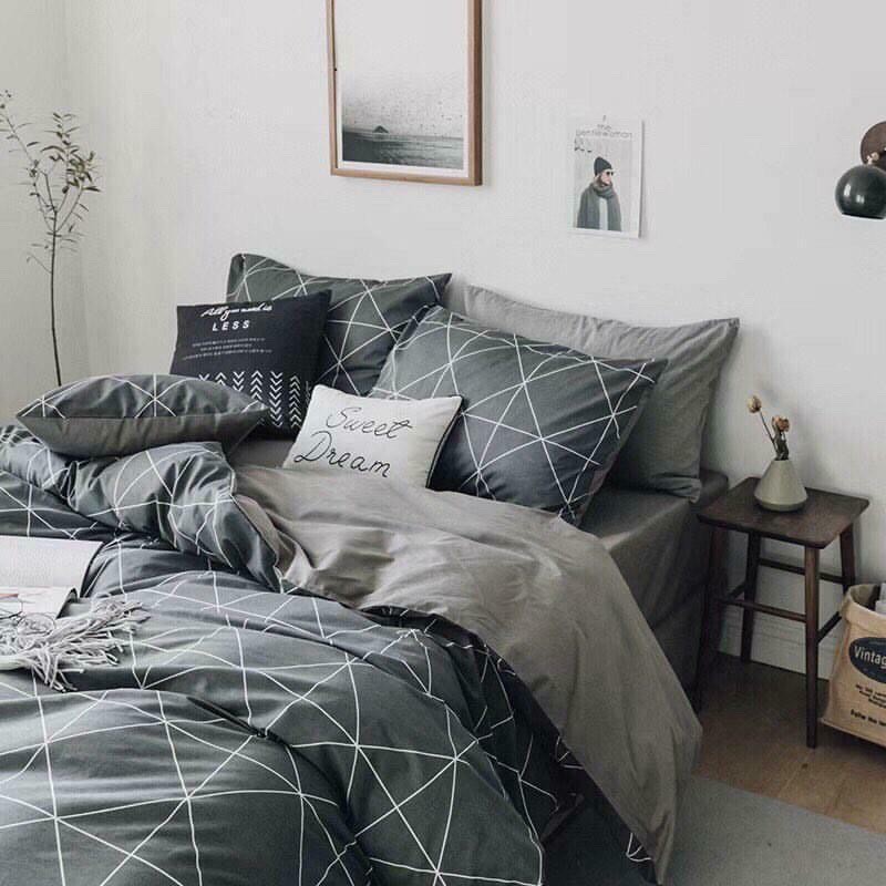 Set Chăn Ga Kẻ Chéo Bàn Cờ Xám Cotton Living Thoáng Mát Bền Đẹp (Shinbedding_store)