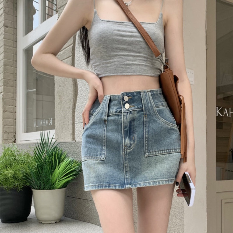 Chân Váy Jean Lưng Cao Cài Nút Đôi Phong Cách Retro Thời Trang Mùa Hè Cho Nữ