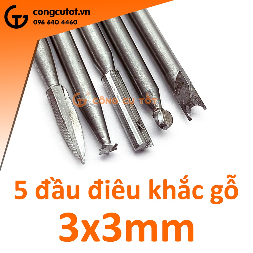 Bộ 5 đầu điêu khắc gỗ trục 3mm cỡ 3mm