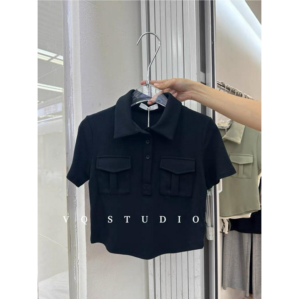 Áo Croptop Polo Cổ Bẻ Phối 2 túi hộp Caroll nữ  - Thun body dáng ngắn cộc tay mặc mùa hè hotgirl sexy