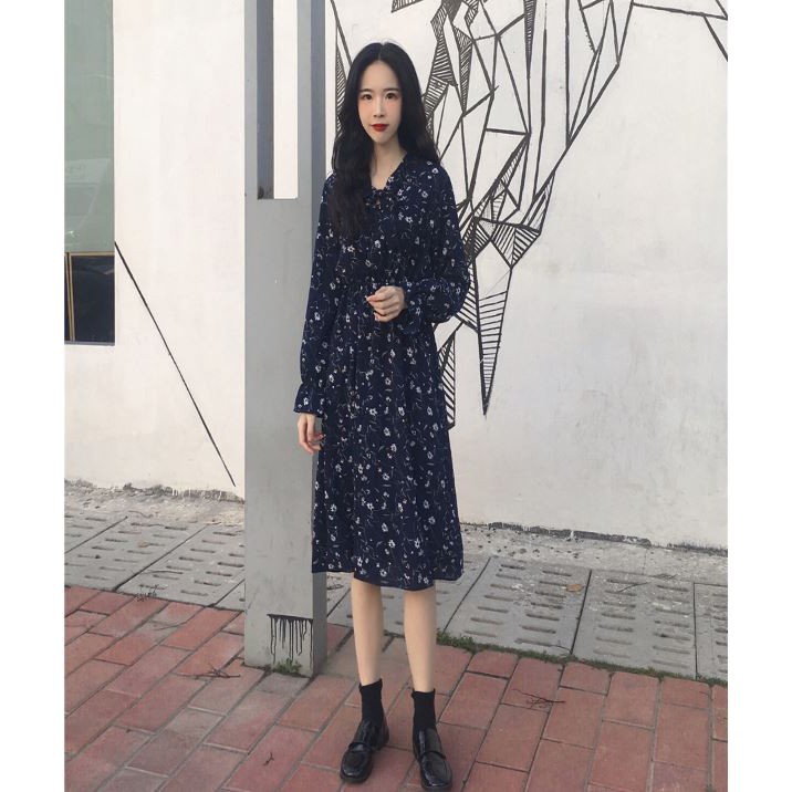 Váy hoa nhí Váy Hàn Quốc retro hoa nhỏ , đầm dài thắt nơ cổ và tay chuẩn dáng Hàn Quốc cực xinh